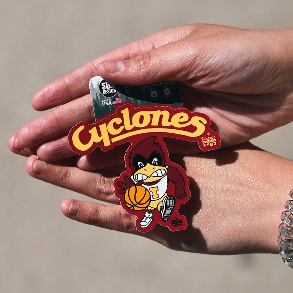 Cyclones Script Basketball Cy Cardinal & Gold Rugged Sticker (3")